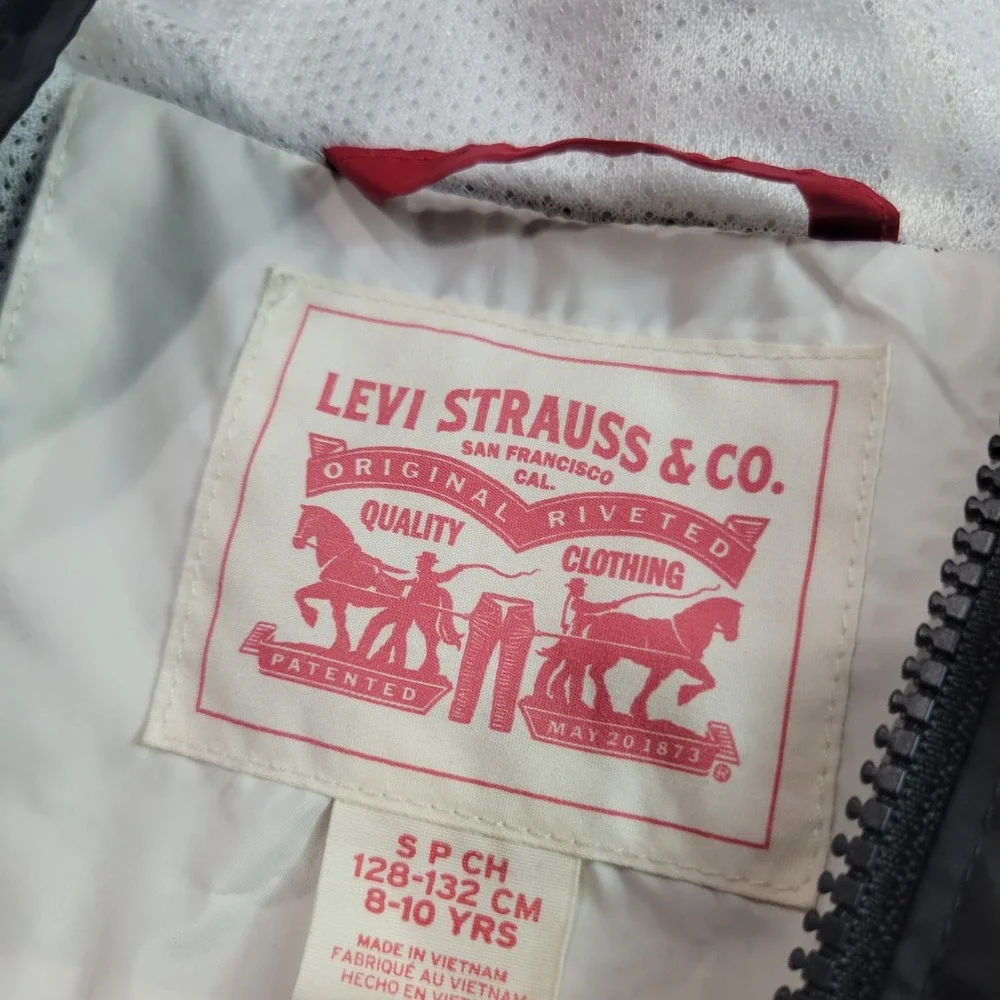 Levi's Windbreaker Jacket Kids Small 10 Black White Colorblock Hooded Logo Sport